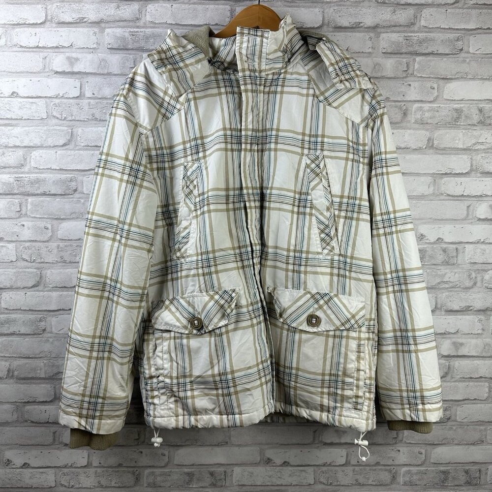 Reclaim Men's Jacket Size M Tan Gray Brown Plaid Stripes Removable Hood Lined